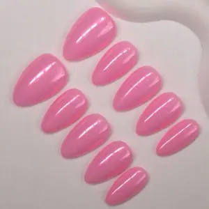 Holographic Pink Short Almond Press On Nails - 10 Pcs Handmade Nail Set, Simple Design, Perfect for Any Occasion