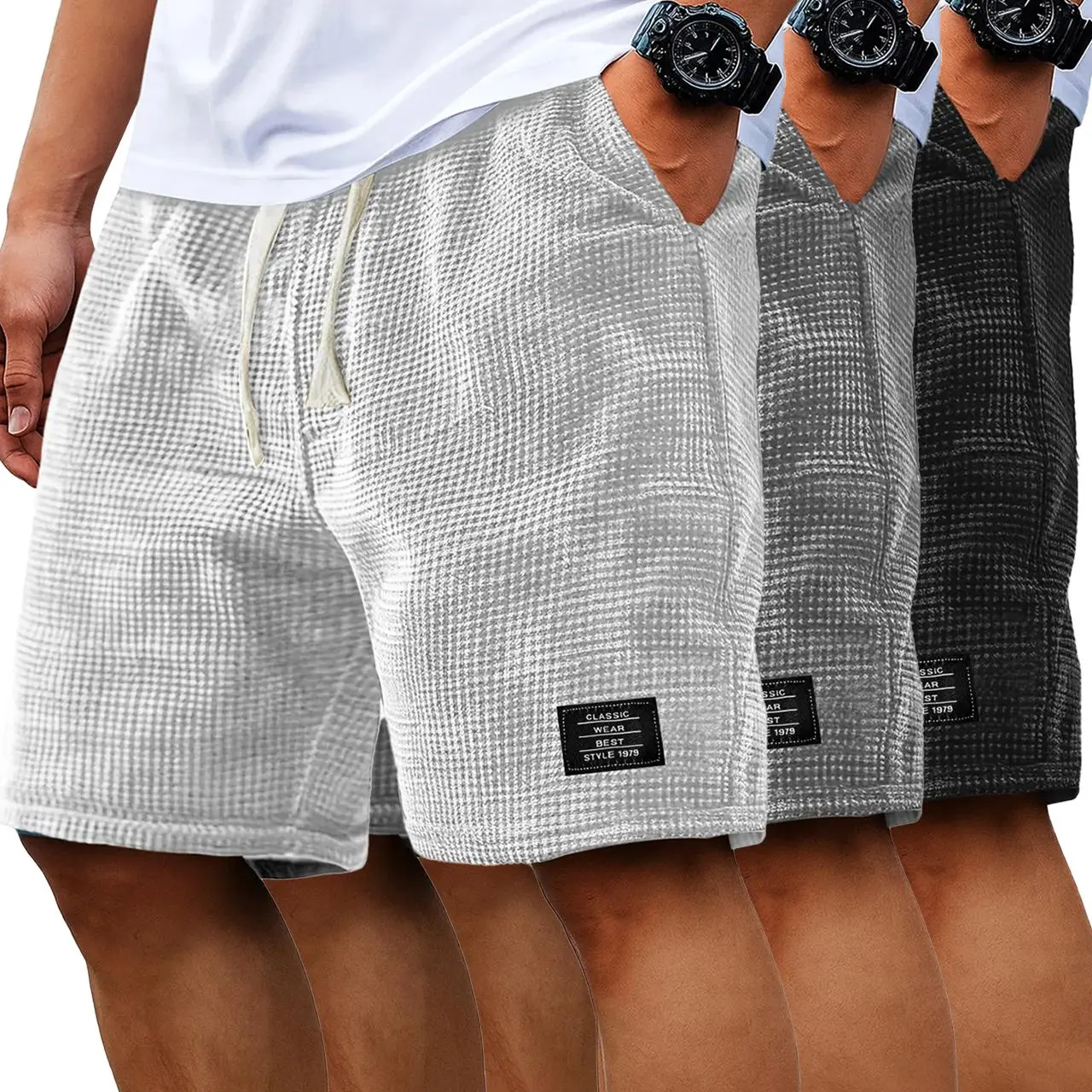 Men's Waffle Shorts 2-3 Pack, Classic Minimalist Simple Matching Casual Preppy Menswear, Relaxed Loose Fit Solid Color Mid Waist All Seasons Polyester Bottoms, Relaxed Fit