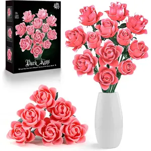 Pink Rose Bouquet Building Set, 12Pcs Flowers Botanical Collection for Adults, Valentine's Day Gift for Her/Girlfriend/Mom/Wife/Couple, Vintage Home Office Table Centerpiece Decor Aesthetic
