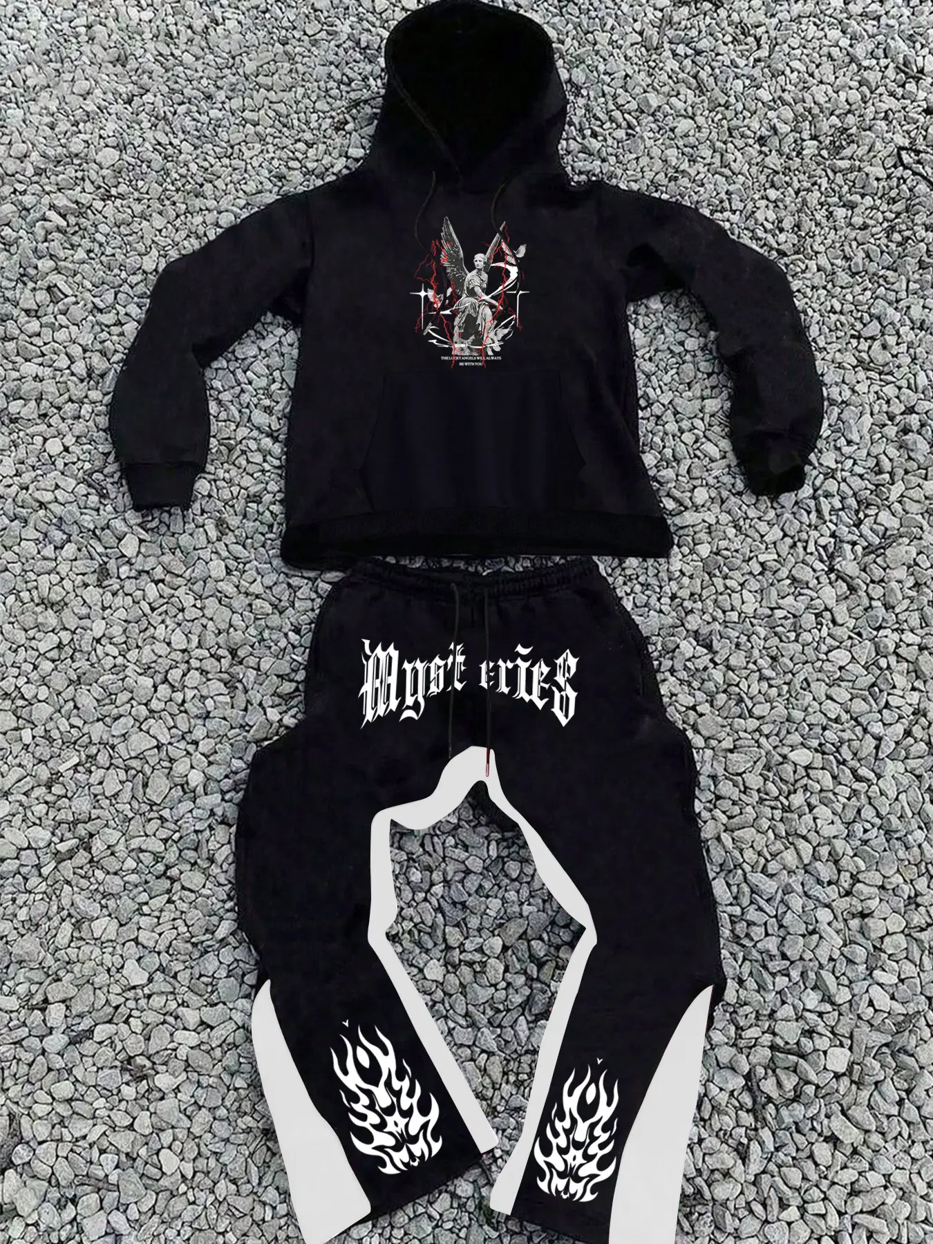 Men's Fashion Casual Two-Piece Set, Lightning Goddess Print Hoodie & Drawstring Flare Pants, Spring Fall Winter Sports Wear