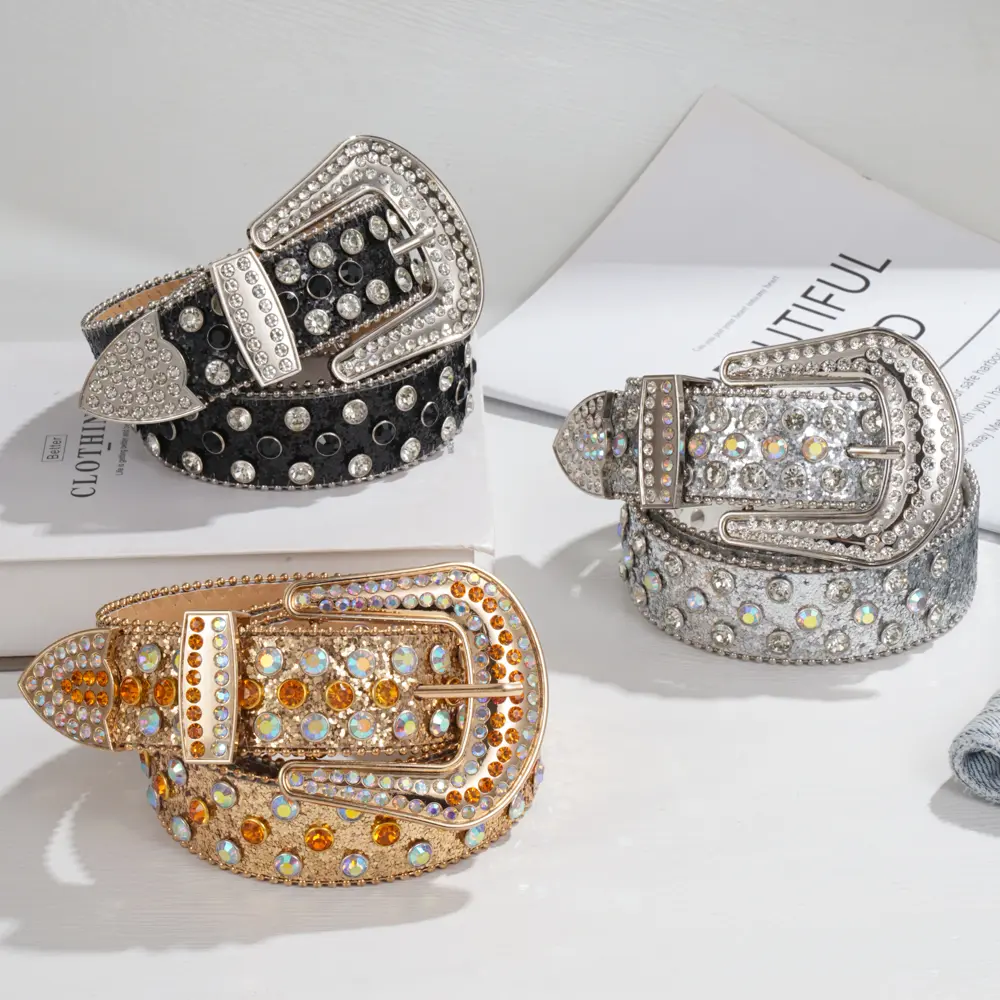 Women's Rhinestone Cowboy Waist Belt - Full Crystal Studded Faux Leather Statement Belt, Stylish Accessory for Party & Country Outfits, Rhinestones Belt