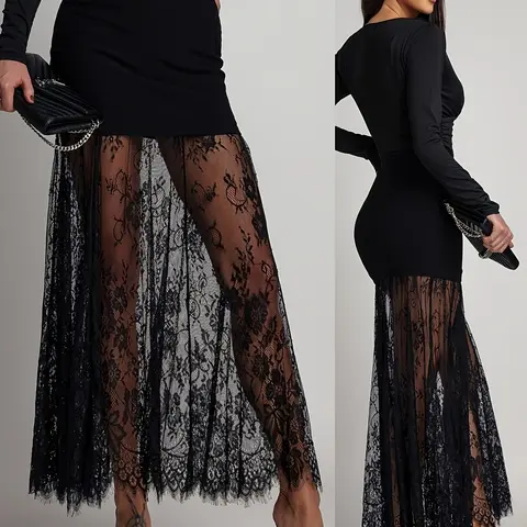 Elegant Aesthetic Chic Women's High-Waisted Fitted Bodycon Bottom Skirt, Lace Trim with Pointed Edges, Patchwork, Flowy Fringe Design, Perfect for Parties and Events, Aesthetic Fashionable Skirt, Womenswear