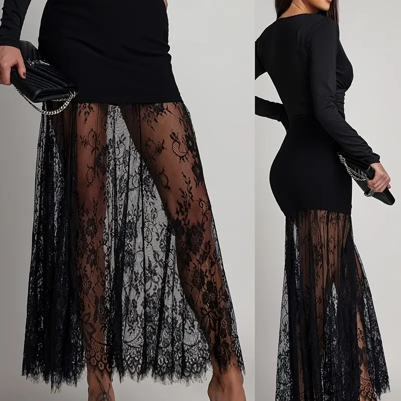 Elegant Aesthetic Chic Women's High-Waisted Fitted Bodycon Bottom Skirt, Lace Trim with Pointed Edges, Patchwork, Flowy Fringe Design, Perfect for Parties and Events, Aesthetic Fashionable Skirt, Womenswear