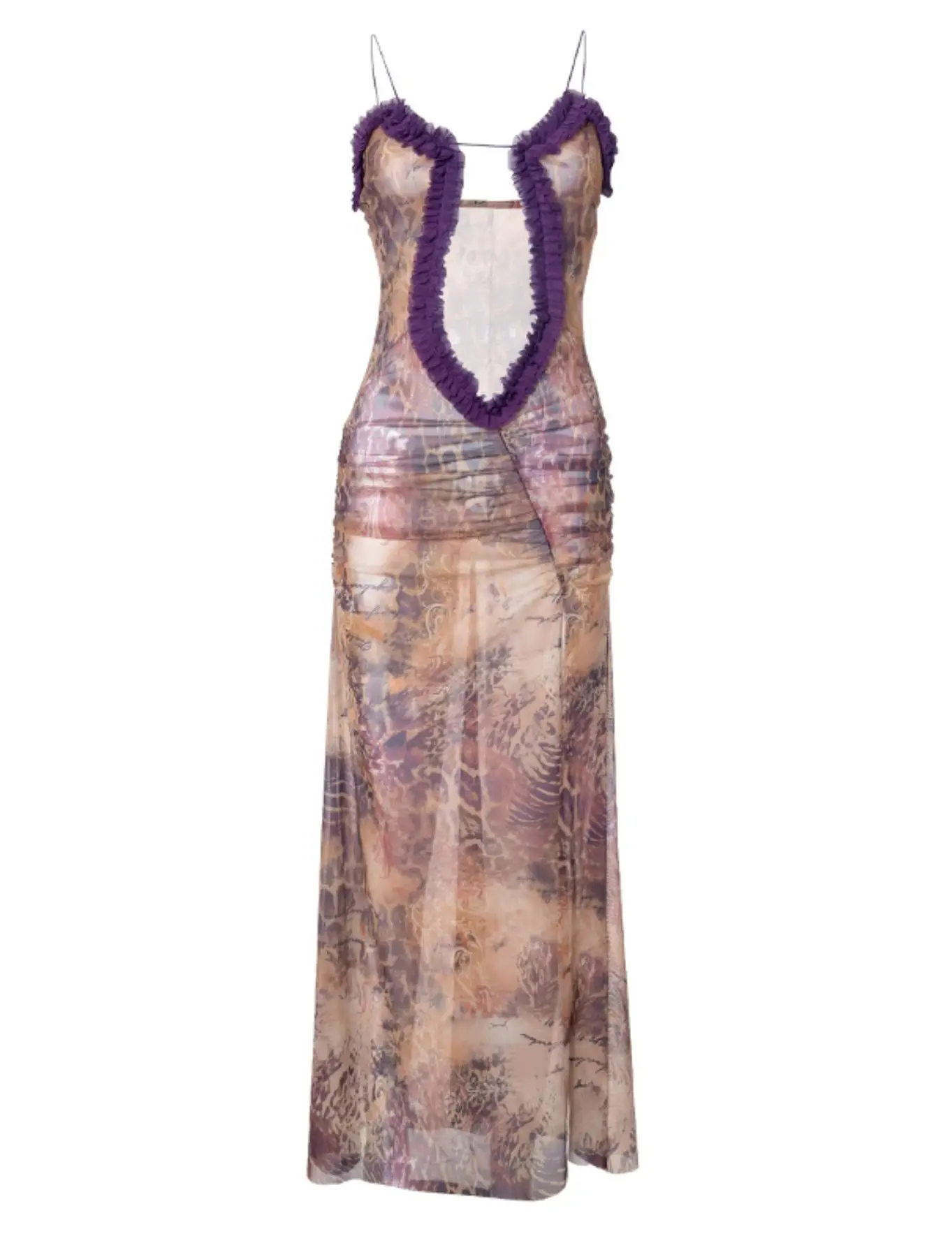 Women's All Over Print Frill Trim Cut Out Ruched Split Tulle Cami Bodycon Dress, Elegant Slim-fitting Spaghetti Strap Long Dress for Party Holiday Dat