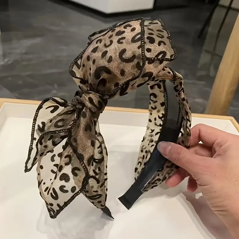 1pc Black/coffee/gray Toothed Anti-slip French-style Leopard Print Bow Headband, Vintage Wide-brimmed Mesh Bow Hair Accessory, Suitable for Daily Use, Daily Wear, and Makeup Headwear, Most Suitable for Christmas