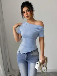 Asymmetrical Hem Crinkle Shoulder Elastic Tight Fit T-Shirt, Casual Fashion Elastic T-Shirt, Comfortable and Stylish Top for Daily Wear
