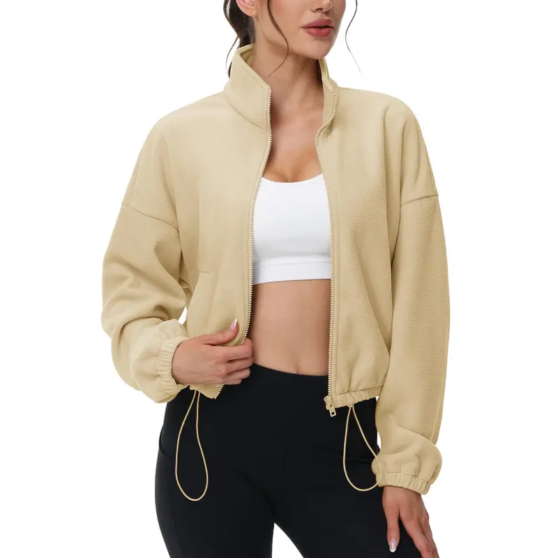 MAGCOMSEN Women's Cropped Curvehug Full-Zip Fleece Coat - Collared Neck, Long Sleeve, Fitted, Adjustable Drawstring Hem, 2 Side Pockets, Vibe Polyester Fabric, Warm Outdoor Running New Year Winter Casual Outerwear