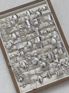 Women's Silver Color Vintage Fashion Elegant Statement Multi Ring Set, Unique Rings, Geometric Liquid Rings, Stackable Wide Band, Random Style, 35/23/15/8 Pieces