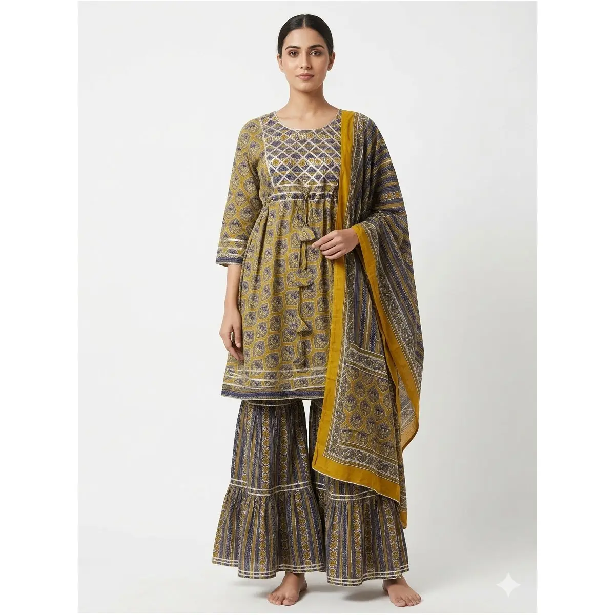 #3PS-26 Mustard & Indigo Handblock Printed Sharara Set with Mirror Work