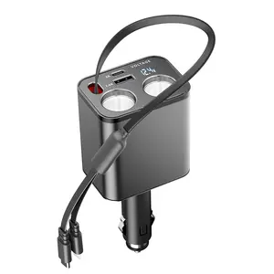 Retractable Car Charger with 159W Dual Cigarette Lighter Splitter Adapter, Fast Car Phone Charger with Type C & Lightning Cable for iPhone Galaxy GPS