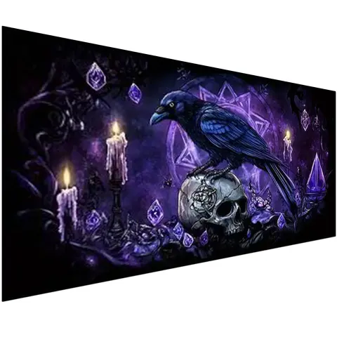 Large Size Acrylic Spooky Skull Diamond Art Kit for Adults, Full Round Crow Mosaic, DIY Handicrafts, Gothic Purple Art, 32x16 in Home Halloween Decoration