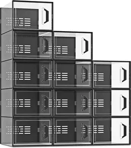 12 Pack Black X-Large Shoe Storage Box Fit Size 11, Clear Plastic Stackable Shoe Organizer for Closet, Space Saving Sneaker Shoe Rack Containers Bins Holders for Entryway, Under Bed