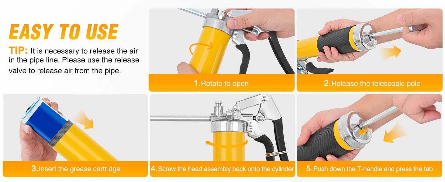 GOOACC Grease Gun 8000 PSI Heavy Duty 14oz Pistol Grip Grease Gun Kit with 18" Spring Flex Hose Sharp Type Nozzle Normal Coupler Rigid Pipe Manual Grease Guns for Greasing Automotive Marine, Yellow