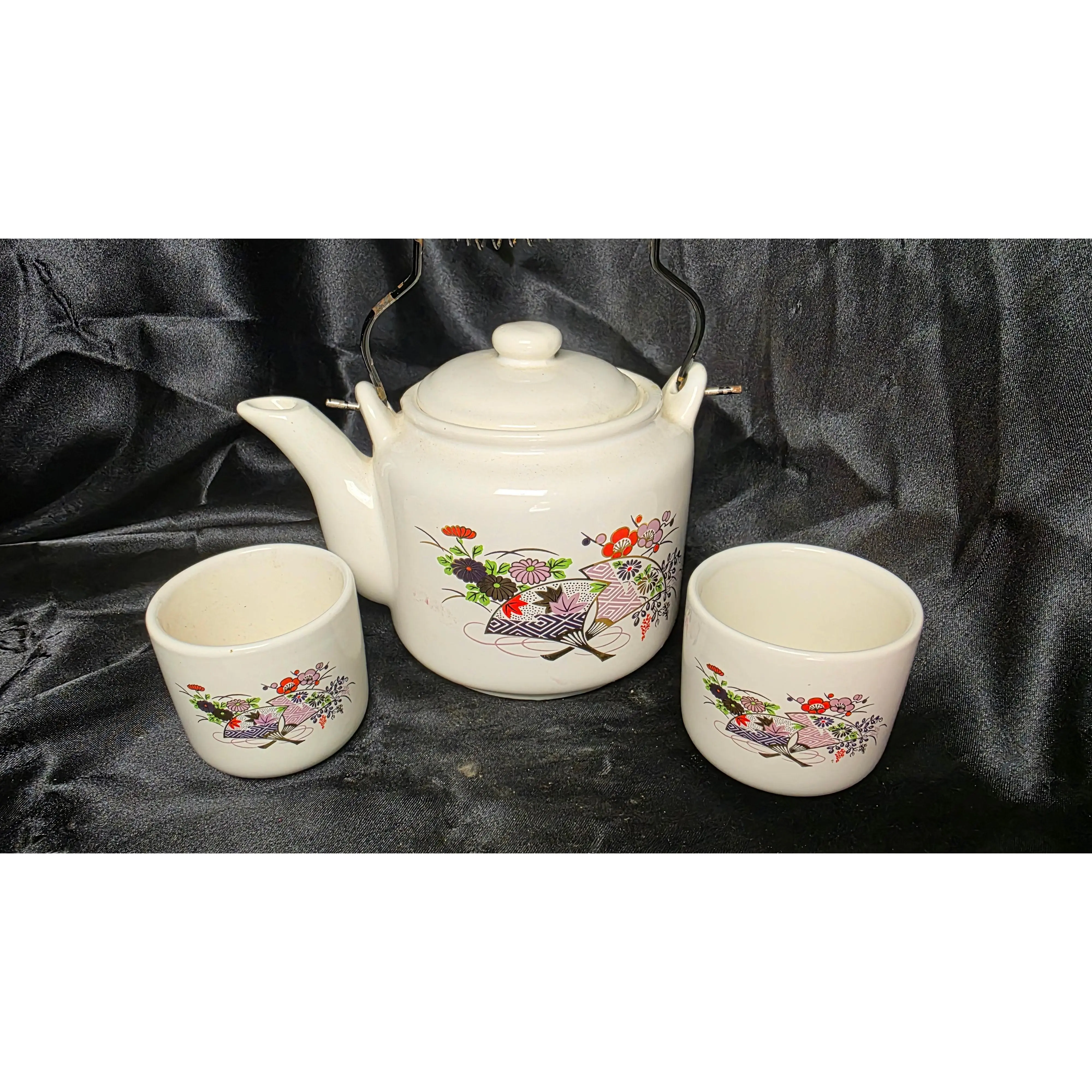 Vintage Japanese Porcelain Teapot & 2 Yunomi Tea Cups Fan Floral Set