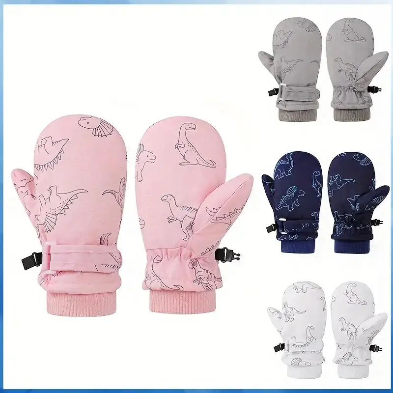 Boys' Thermal Windproof Fleece-Lined Ski Gloves - Anti-Slip Four-Finger Design with Dinosaur Pattern, Thick Winter Gloves for Youngsters, Mixed Colors (Pink/Blue/Grey/White), Outdoor Activities, Fun Prints, Cozy Material, Youngsters Outdoor Gear