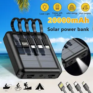 2-in-1 Solar Power Bank,20000mAh Large Capacity Comes with 4-wire Compact Power Bank  LED Flash Light