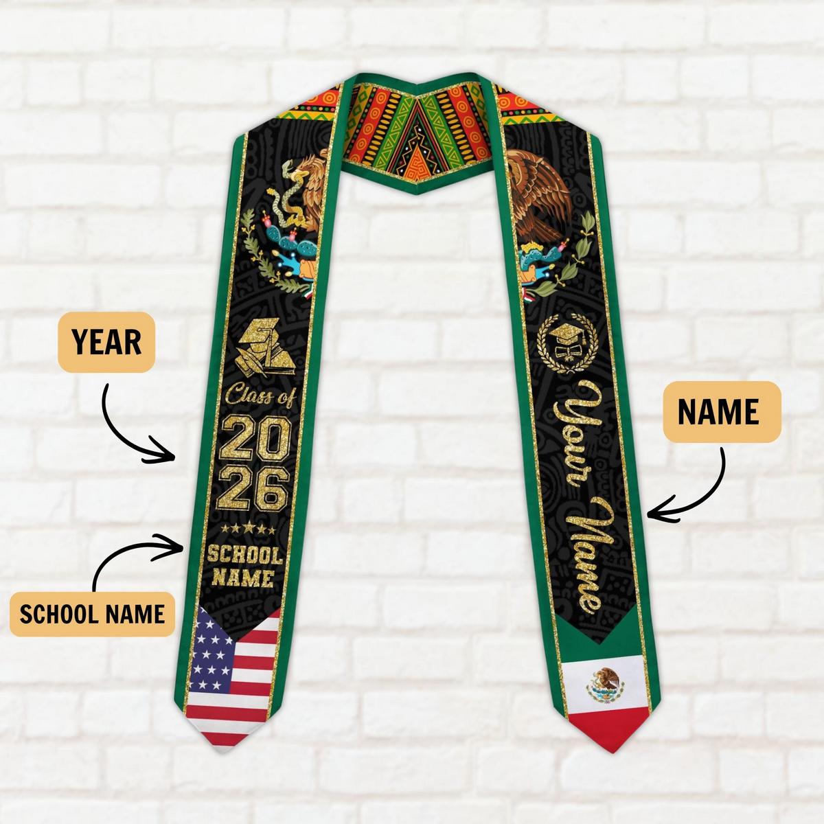 Custom Mexican Graduation Stoles 2026, Class of 2026, Mexican American Flag Graduation Sash, Hispanic Sash Custom Mexican Graduation Stoles 2026, Class of 2026, Mexican American Flag Graduation Sash, Hispanic Sash