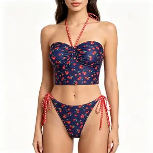 SEAMOLY Cherry Fruit Print Ruched Halter Tankini Set - Halter Tops with Ruched Detail, Polyester Spandex, Water Resistant, Removable Cups - Cheeky Swimwear for Curvy Figures - 2025 Summer Sports Swimwear summervibes