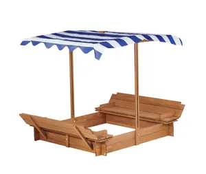 Donext Kids Sandbox with Adjustable Cover 46'' Wooden Sand Box with 2 Foldable Bench Seats Outdoor Sandpit for Backyard Play Unisex Durable Cedar Wood Construction