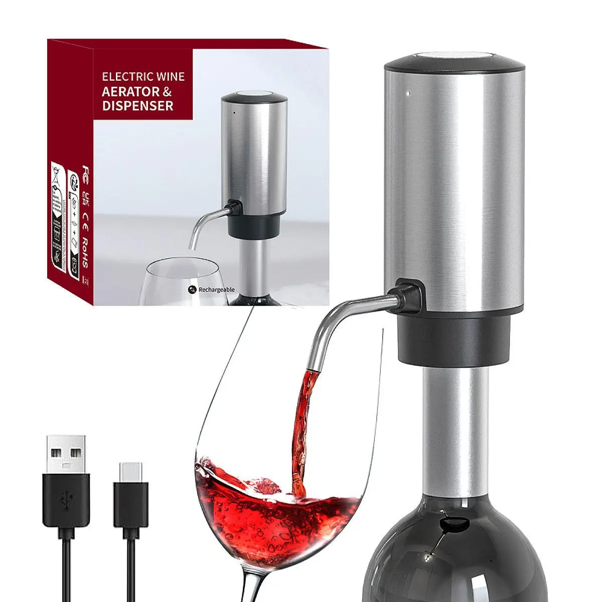 Electric Wine Pourer, 1 Count Rechargeable Wine Aerator Dispenser Pump, Automatic Wine Decanter, Portable Water Bottle Pump for Home & Bar