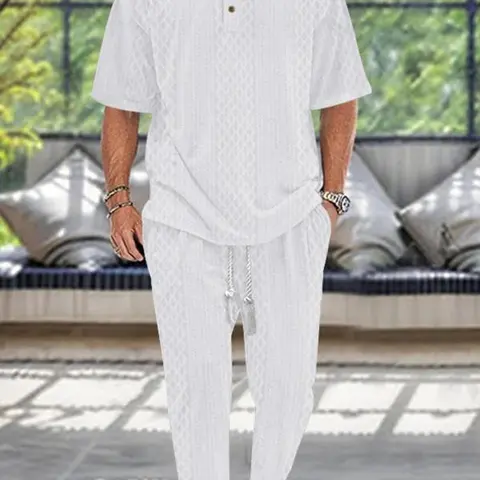 KZZ Men's Textured Drop Shoulder Collared Tee & Drawstring Waist Pants Two-piece Set Beige Casual Fashion Cozy Shortsleeve Polo Shirts & Pocket Trousers for Daily Outdoor Wear Spring & Fall Clothing christmas gifts for him
