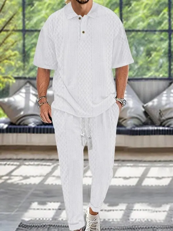 KZZ Men's Textured Drop Shoulder Collared Tee & Drawstring Waist Pants Two-piece Set Beige Casual Fashion Cozy Shortsleeve Polo Shirts & Pocket Trousers for Daily Outdoor Wear Spring & Fall Clothing christmas gifts for him