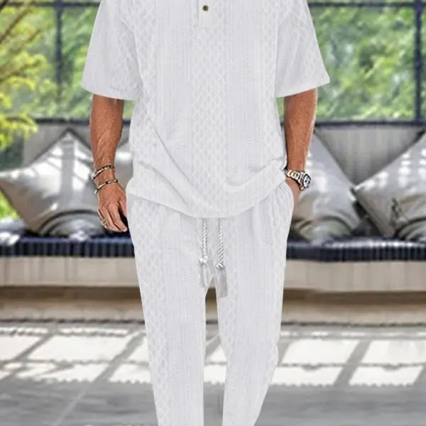 KZZ Men's Textured Drop Shoulder Collared Tee & Drawstring Waist Pants Two-piece Set Beige Casual Fashion Cozy Shortsleeve Polo Shirts & Pocket Trousers for Daily Outdoor Wear Spring & Fall Clothing christmas gifts for him