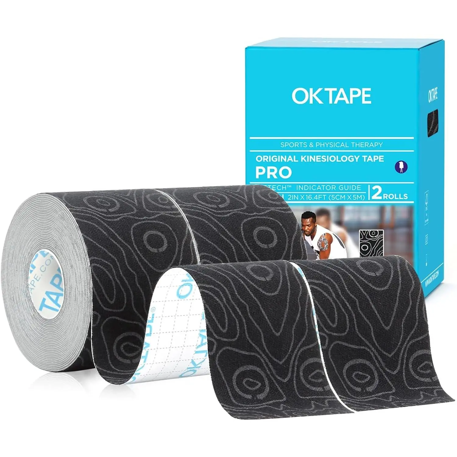 Kinesiology Tape Uncut Rolls, 2-Pack Elastic Physical Therapy Athletic Tape with Elasticity for Back Pain Relief, Muscle Support, Water Resistant, 2in X 16.4ft (Black, Gray)