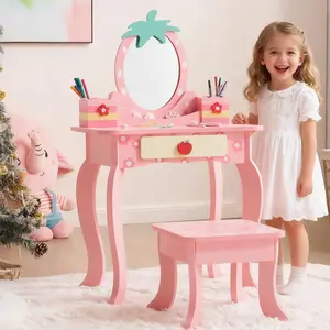 Karlhome Kids Vanity Set with Mirror and Lights and Stool, 5 Storage Drawers, Pretend Play Princess Makeup Desk Dressing Table and Stool Set for Little Girls Age 3+, Macaroon Pink