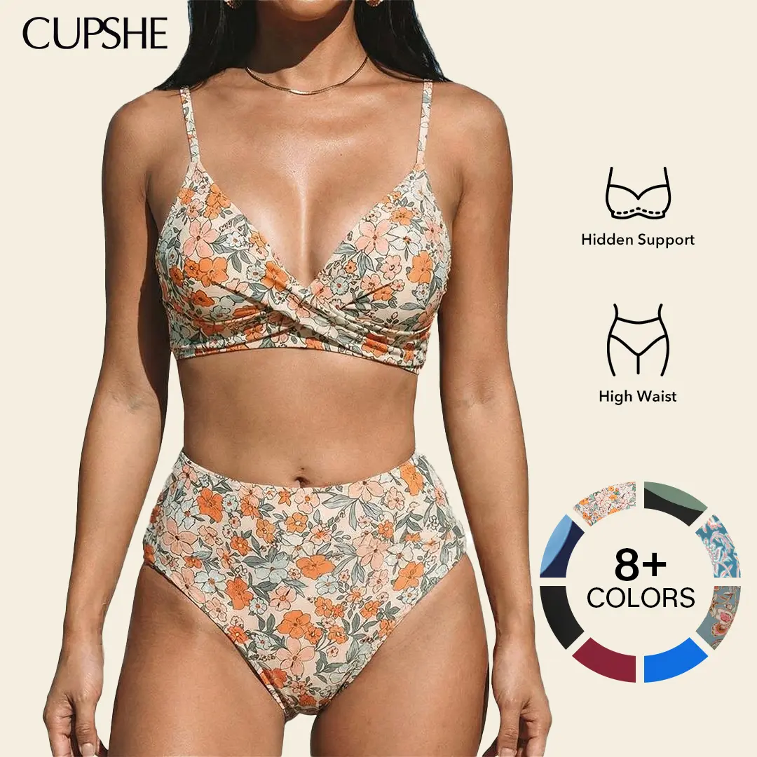 CUPSHE High Waisted Bikini Sets for Women 2026: Tummy Control Two Piece Swimsuit with Twist Front V Neck & Adjustable Straps, Size Inclusive XS XXXL Floral Bathing Suits Summer Beach Holiday Bathing suit #summerfinds