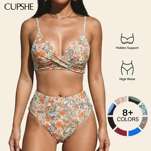 CUPSHE Women's High Waisted Tummy Control Bikini Set - Twist Front V Neck, Adjustable Straps, Tropical Eucalyptus Floral-Flower Print, Dark Navy Swimwear for Summer Beach, Size-Inclusive XS-XL Swimsuits Bikinis