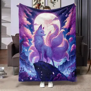 Nine-tailed Fox Pattern Blanket, Soft Throw Blanket, Air-conditioned Room Blanket, Warm Nap Blanket for Home Office Travel Camping, Lightweight Cozy Blanket