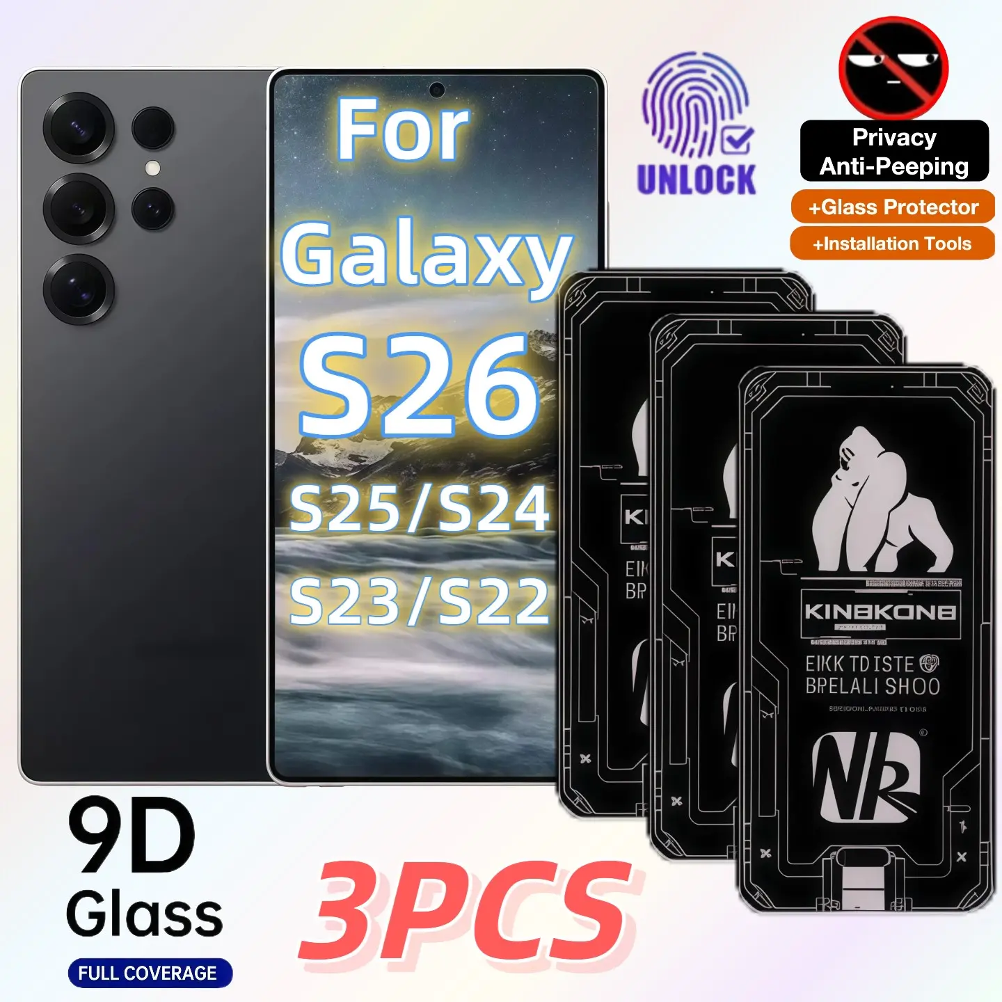 3-Pack Privacy Tempered Glass Screen Protector for Samsung Galaxy Series, Fingerprint, Ultra-Clear & Scratch-Resistant, Easy Install Film, Smartphone Accessories