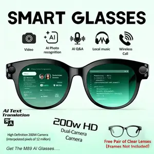 M89 wireless smart glasses AI travel companion, wearable device, HD camera with dual AI translation, Face ID, includes two lenses and a transparent design, storage available, wearable tech glasses