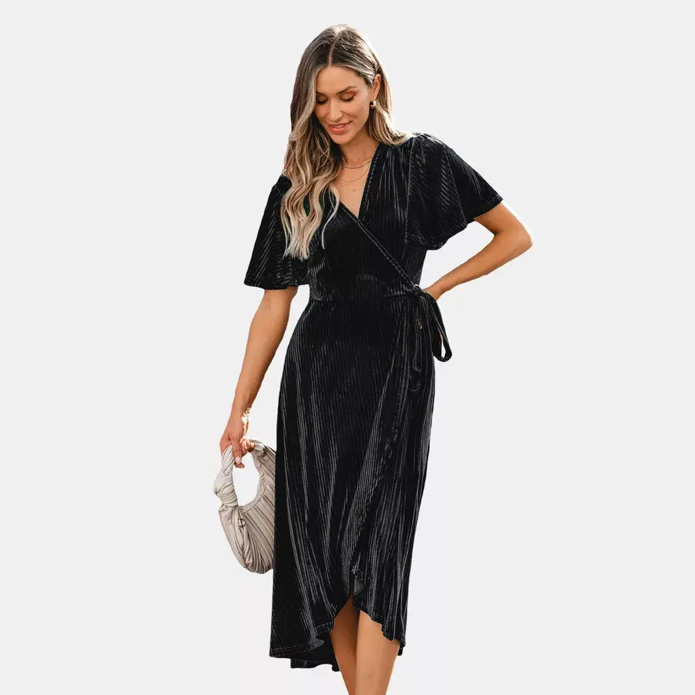 Cupshe Women's Festive Ribbed Velvet Belted Midi Fall Dress