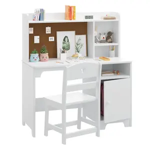 Ergonomic Kids Study Desk and Chair Set – Wooden Writing Table with Hutch & Storage Cabinet – Height Adjustable, Bookshelf Included, Ideal for Home Office or Bedroom, for Ages 3-8 – White