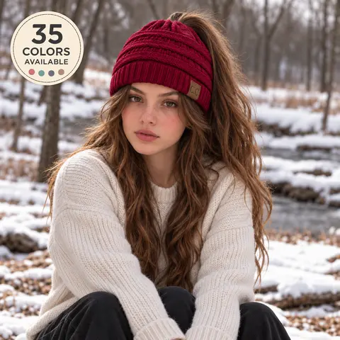 C.C Women's Ponytail Beanie – Chic & Cozy Cable Knit Hat for Winter, with Adjustable High Ponytail Opening