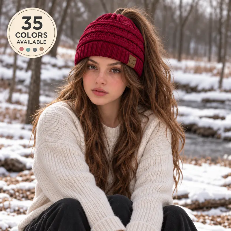 C.C Women's Ponytail Beanie – Chic & Cozy Cable Knit Hat for Winter, with Adjustable High Ponytail Opening
