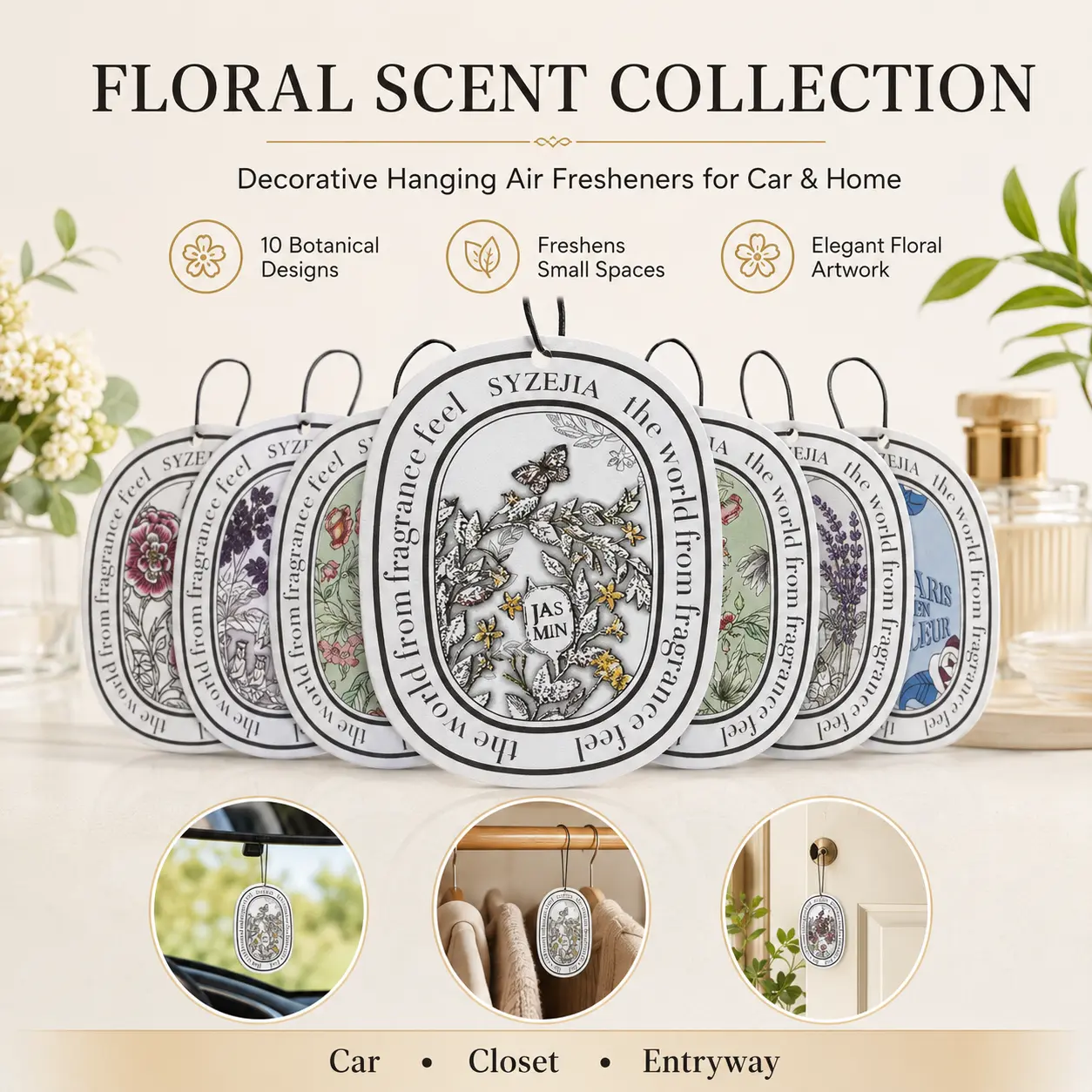 Floral Fragrance Hanging Air Freshener - Decorative Car Interior Accessory for Closet, Home