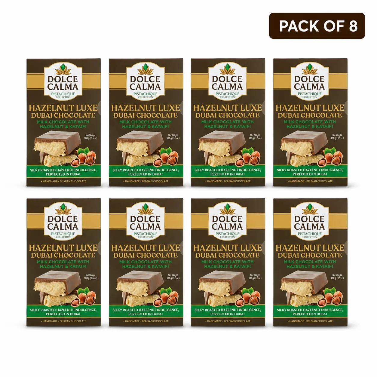 Dolce Calma Hazelnut Dubai Chocolate Bar Ships With Two Ice Gel Packs (100g / 3.5oz) – Authentic Handmade Belgian Chocolate with Turkish Pistachio & Crispy Kataifi, Kunafa Filling, No Palm Oil, Pack of 8