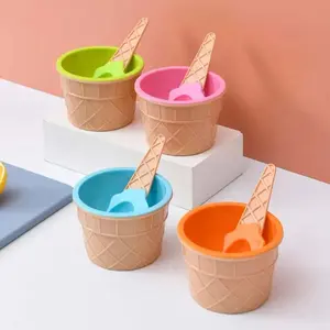 6 Sets Ice Cream Bowl and Spoon Plastic Reusable Ice Cream Bowl Cartoon Egg Cone Children Fruit Dessert Bowl Kitchen Accessories NONE