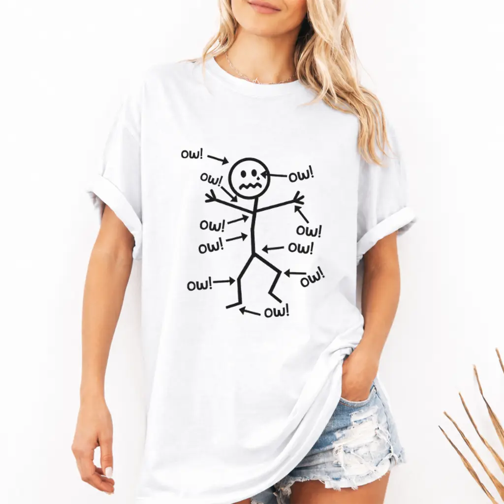 Humorous Chronic Pain Awareness T Shirt Funny Stick Figure “Ow!” Body Pain Meme Graphic Tee Relatable Humor Shirt Casual Everyday Wear Gift for Friends Family 100% Cotton Made in USA