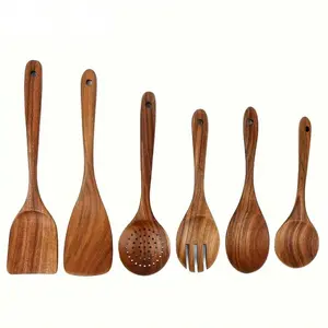 6-Piece Wooden Kitchen Utensil Set, Non-Stick Handmade High-Quality Cooking Tools for Thanksgiving Christmas Halloween Easter Hanukkah, Wooden Spatulas, Wooden Spoon, Small Kitchen Gadgets