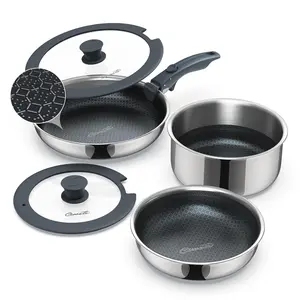 Ciwete 6-Piece Hybrid Stainless Steel Pots and Pans Set Non Stick, Tri-Ply Stainless Steel Cookware Set with Lids and Detachable Handle, PFOA Free Kitchen Skillet for All Cooktops, Dishwasher Safe fathersdaygift