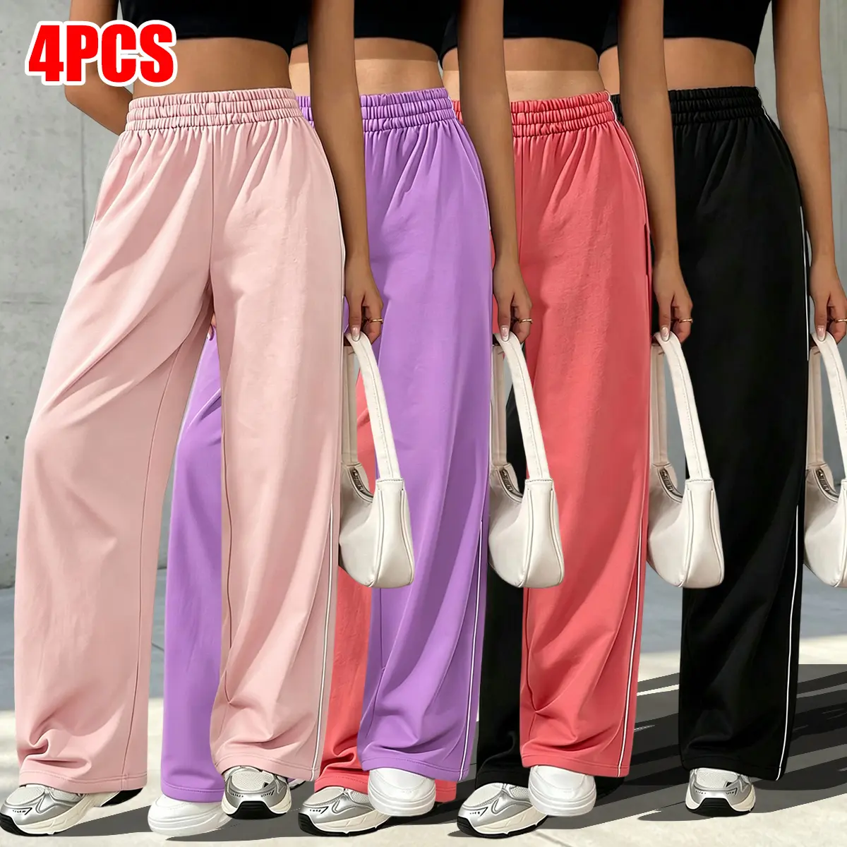 Set of 4 women’s casual athletic pants — ultra-stretchy straight-leg sports pants | Casual, comfortable athleisure bottoms made from stretchy athletic fabric.Loose fit, available in multiple colors; suitable for everyday wear, casual outings, streetwear b