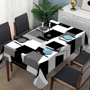 Grey white black geometric block pattern printed tablecloth, suitable for all seasons, suitable for living rooms, dining rooms, parties and other scenes, home decoration tablecloth.