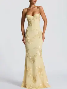 Lunea Elegant Spaghetti Strap Lace Maxi Dress – Slim Fit Corset Style Floral Bodycon Dress, Romantic Evening Gown for Weddings, Vacations & Special Occasions