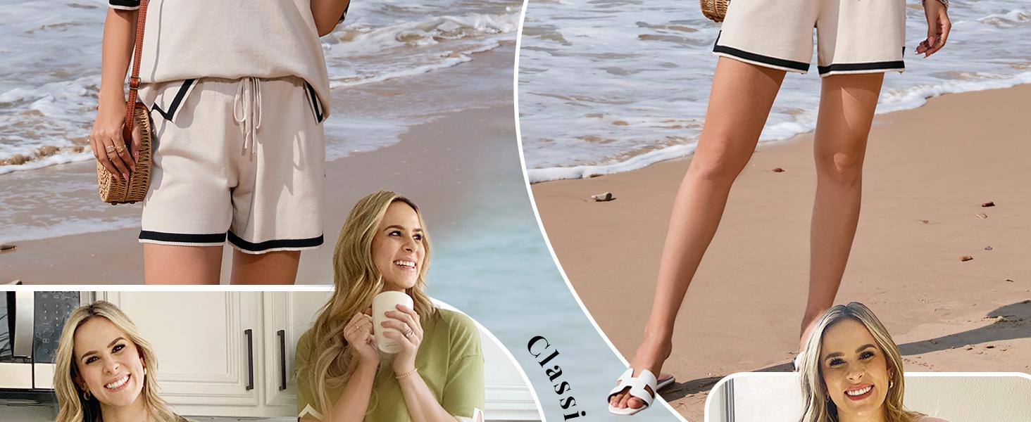 EKOUAER Spring Women's knitted two-piece comfortable set of short- summer sleeved pullover pajamas, casual nightwear, elasticated