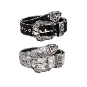 2 Colors Sparkling Rhinestone Western Cowgirl Belt for Women - Floral Carved Buckle Waistband, Sweet Style Glitter Belt for Daily Commute & Casual Outfits, Stylish Outfit Accessory | Intricate Buckle Design, Ladies Belts