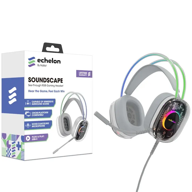 Echelon SoundScape See-Through RGB Lighting Gaming Headphones - Grey, USB-C Mic, Surround Sound, Noise-Cancelling, Plug-and-Play for Elevated Audio Performance